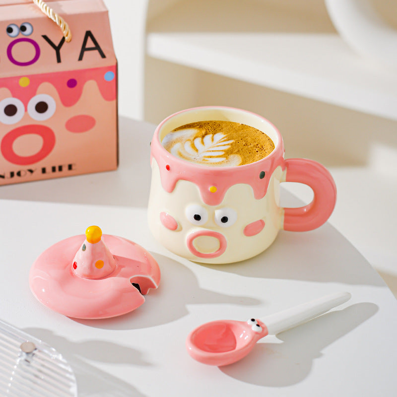 Pink Adorable Cartoon Character Ceramic Mug Set - 420ml with Fun Cake Design Lid & Matching Spoon - Perfect Gift