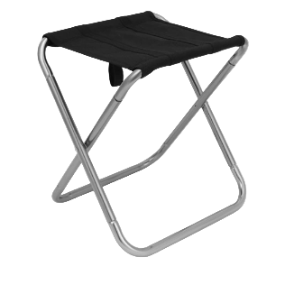 Black folding stool with metal legs on a white background