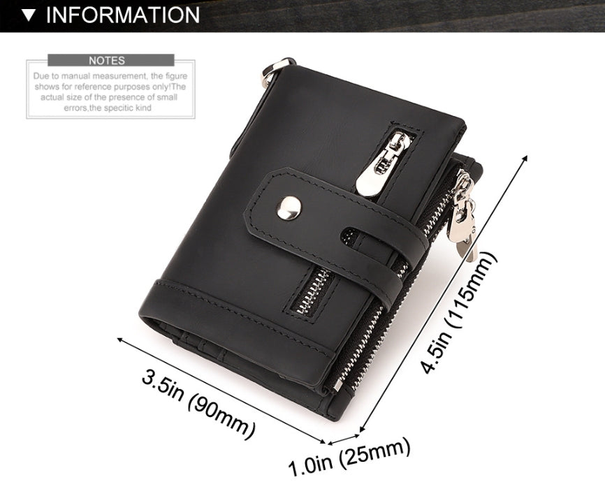 Coffee Genuine Leather Men's RFID Blocking Wallet - High Capacity Trifold with Zipper Coin Pocket