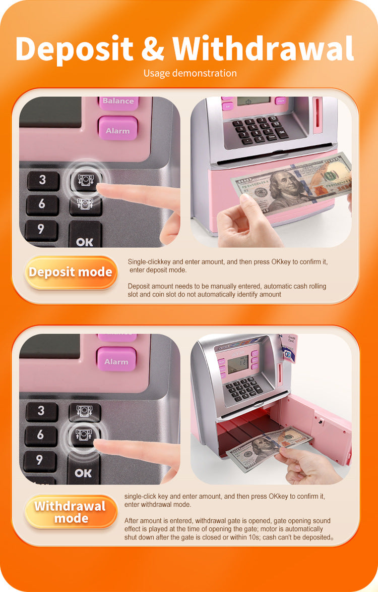 Kids Electronic ATM Savings Bank - Digital Piggy Bank with Password, Auto Roll-in Banknotes & Coin Slot for Financial Learning Fun(pink)