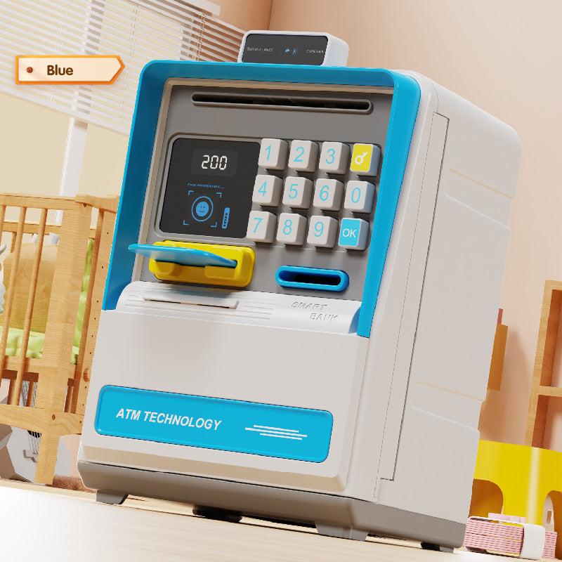 Kids Electronic ATM Piggy Bank with Simulated Facial Recognition & Password - Auto Roll-in Banknote & Coin Money Box for Financial Learning(blue)