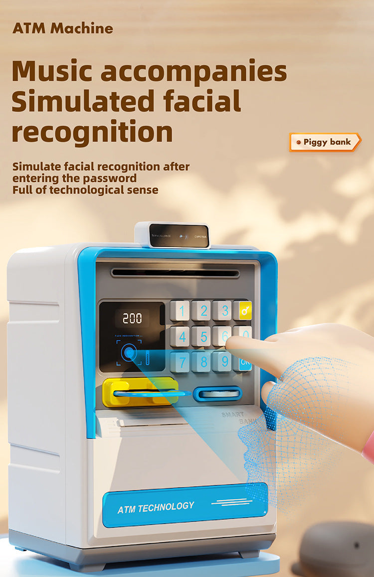 Kids Electronic ATM Piggy Bank with Simulated Facial Recognition & Password - Auto Roll-in Banknote & Coin Money Box for Financial Learning(blue)