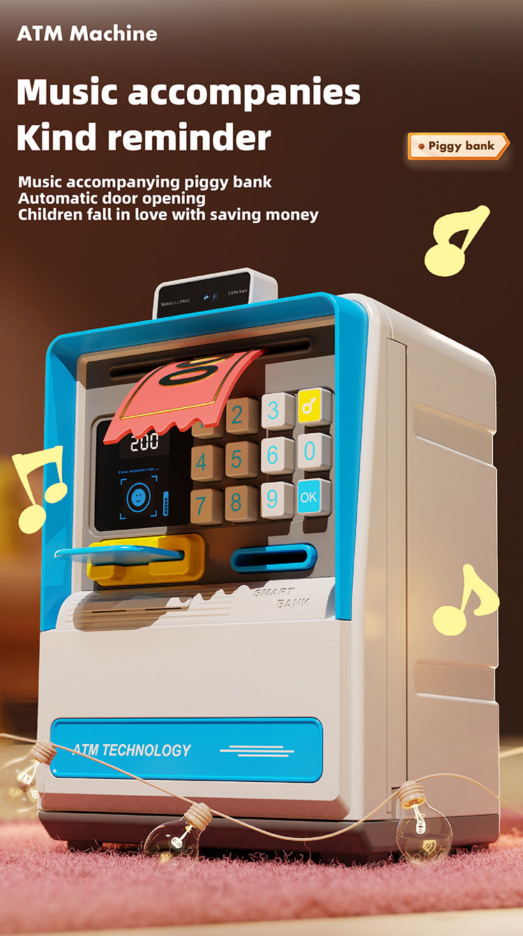 Kids Electronic ATM Piggy Bank with Simulated Facial Recognition & Password - Auto Roll-in Banknote & Coin Money Box for Financial Learning(blue)