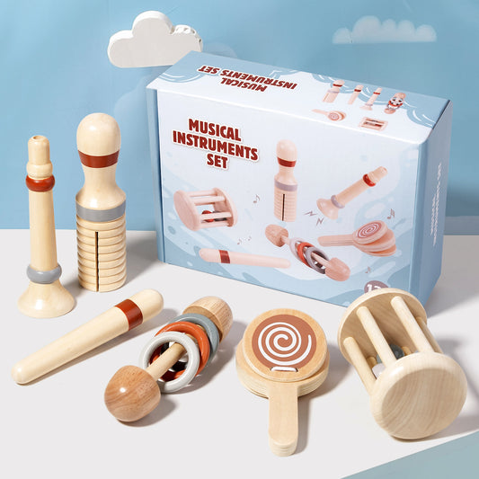 Wooden Musical Instrument Set for Toddlers - 6 Piece Montessori Percussion Toy Kit for Early Learning