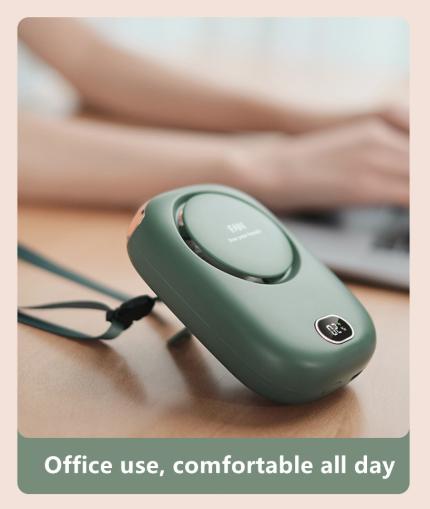 Green Portable Bladeless Neck Fan with Waist Clip & Digital Display USB Rechargeable Mini Fan