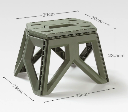 Green folding stool with dimensions labeled on a white background