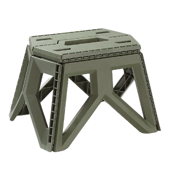 Green folding stool with dimensions labeled on a white background