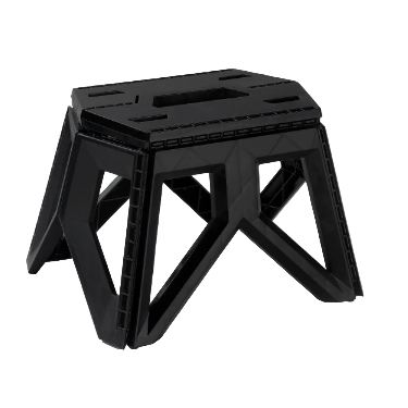 Black plastic step stool with dimensions labeled on a white background