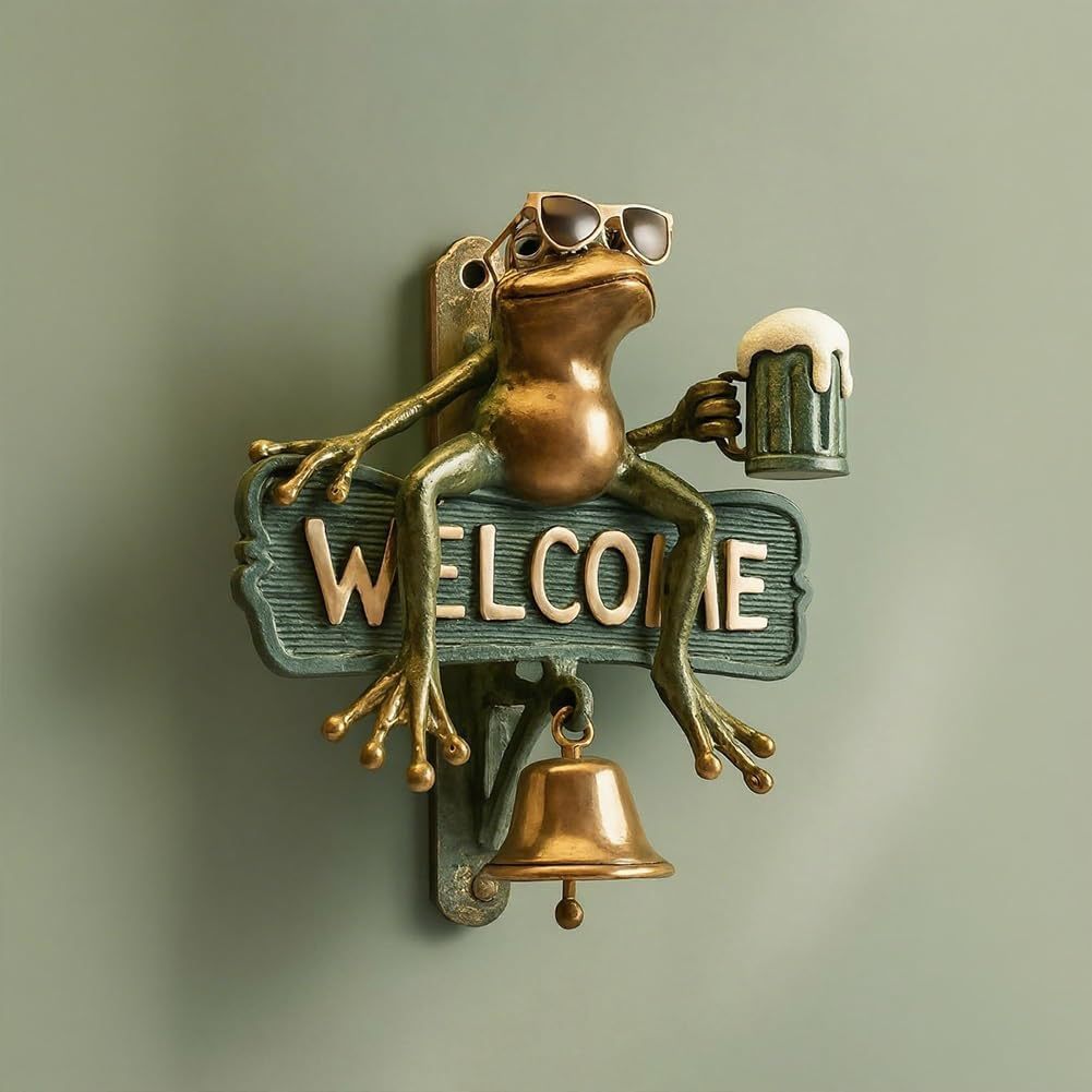Chill Frog Welcome Doorbell – Resin Beer Frog Decorative Bell (15x15x5cm)