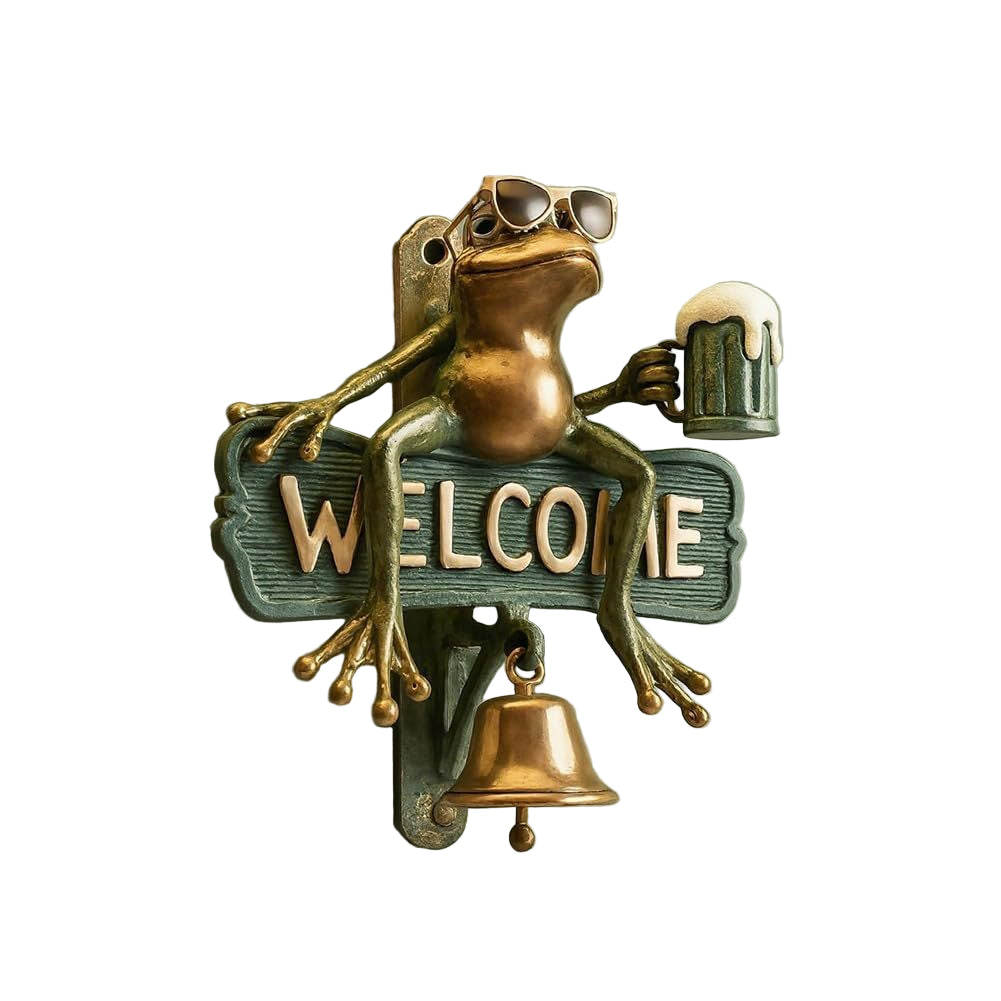 Chill Frog Welcome Doorbell – Resin Beer Frog Decorative Bell (15x15x5cm)