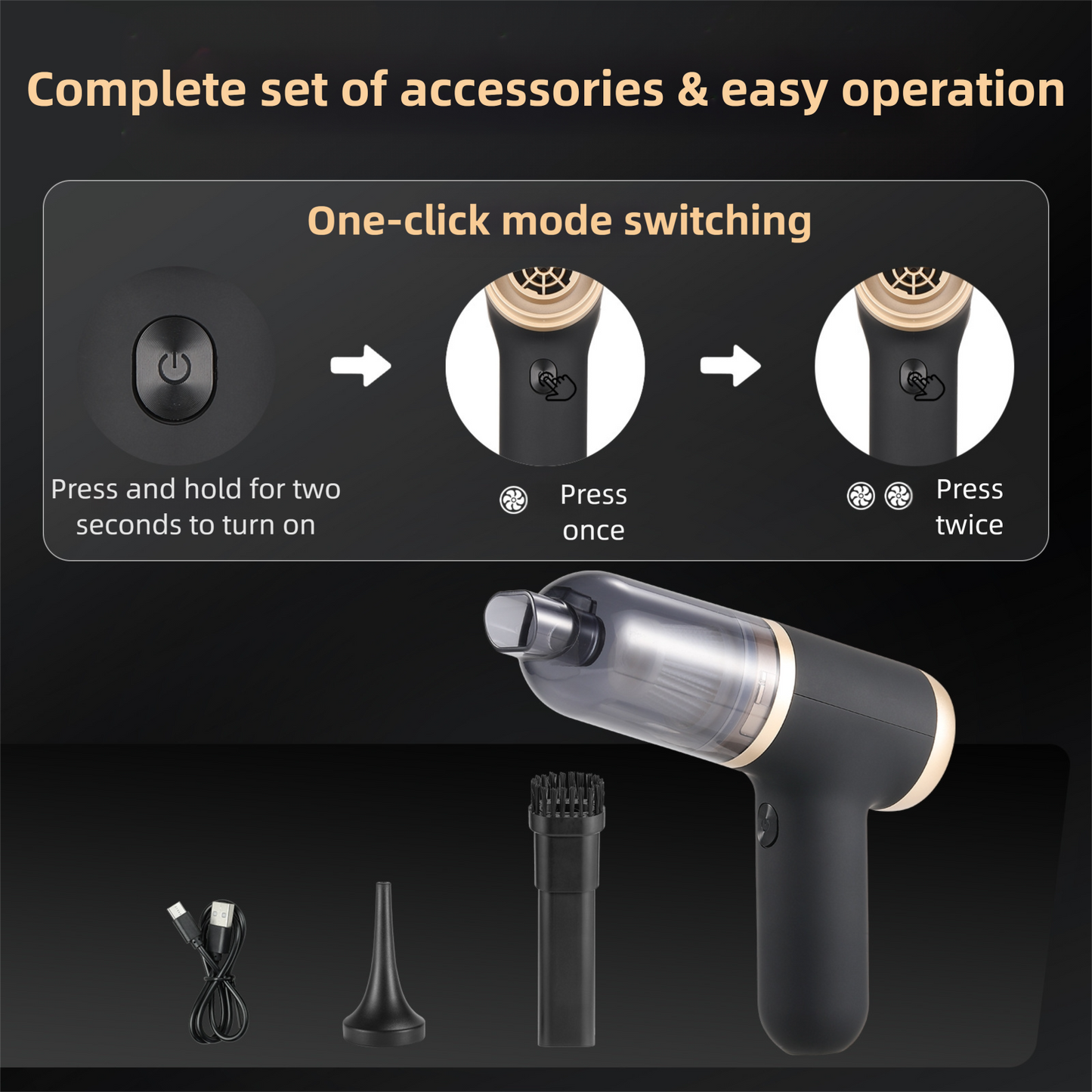 Black Portable 2-in-1 Cordless Vacuum Duster Kit with 2 Attachments