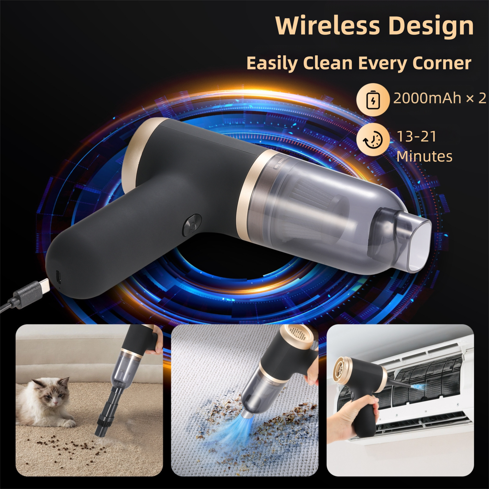 White Portable 2-in-1 Cordless Vacuum Duster Kit with 2 Attachments