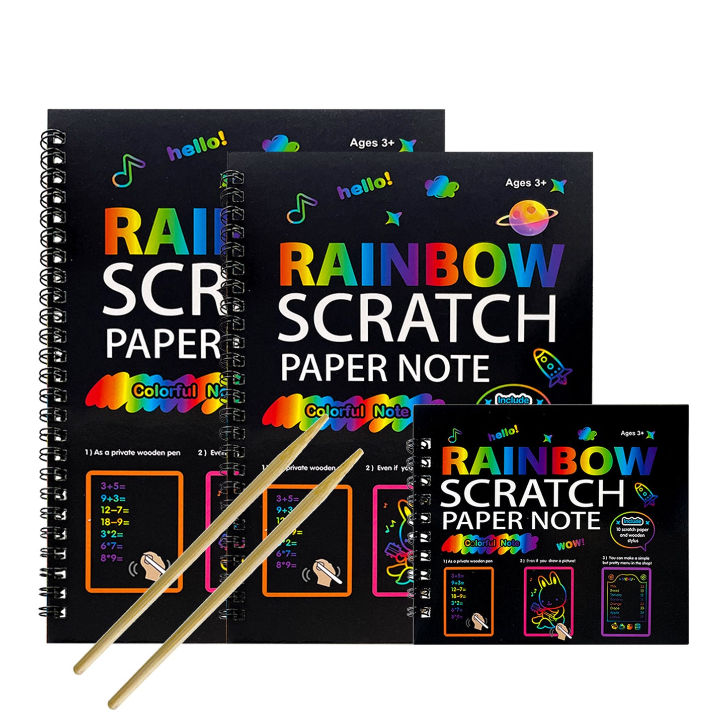 3-Pack DIY Rainbow Scratch Art Books Set - Neon Black Scratch Paper for Kids, Multi-Size (S, M, L) Creative Drawing & Fun