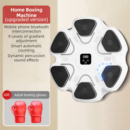 White 6-Target Sensor Smart Bluetooth Music Boxing Kit with Adult Gloves - Electronic Wall Punch Pad, Drill-Free & Detachable, Screen Counter, USB Rechargeable