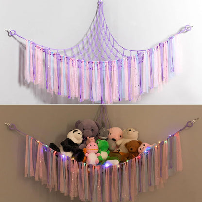 Purple Corner Plush Toy Organizer (100x100x150cm)  with Ribbon Accent & Installation Kit -  Handwoven Cotton Mesh Toy Storage Hammock