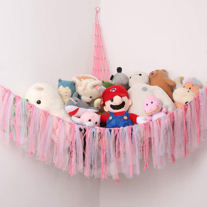 Pink Corner Plush Toy Organizer (100x100x150cm)  with Ribbon Accent & Installation Kit -  Handwoven Cotton Mesh Toy Storage Hammock