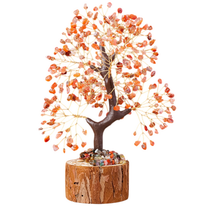 Red Agate Natural Crystal Hand-woven Gemstone Money Tree Ornament (H: 23 cm) - Wind-Soothing Healing Stone Tree of Life, Wooden Stump and Stone Base