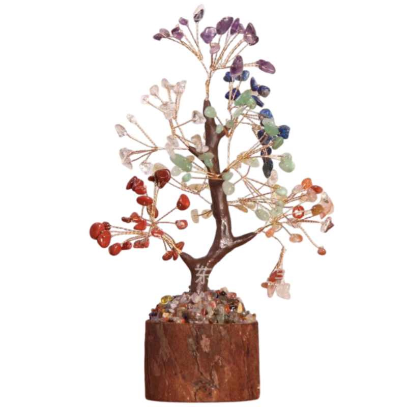 Small Hand-woven Natural Rainbow Crystal Gemstone Money Tree(H: 18cm) - Healing Chakra Bonsai on Wooden Stump and Stone Base