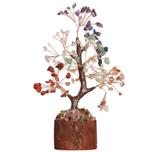 Small Hand-woven Natural Rainbow Crystal Gemstone Money Tree(H: 18cm) - Healing Chakra Bonsai on Wooden Stump and Stone Base