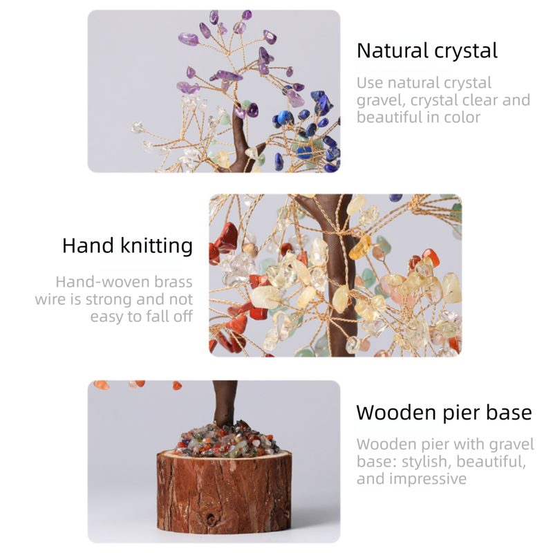 Small Hand-woven Natural Rainbow Crystal Gemstone Money Tree(H: 18cm) - Healing Chakra Bonsai on Wooden Stump and Stone Base