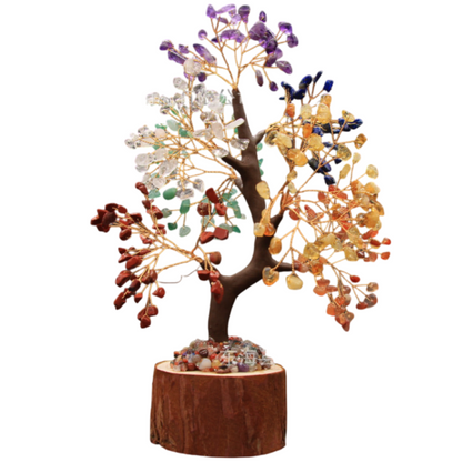 Large Hand-woven Natural Rainbow Crystal Gemstone Money Tree(H: 26cm) - Healing Chakra Bonsai on Wooden Stump and Stone Base