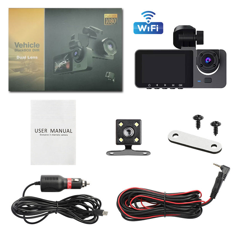 1080P 3 Million Pixels Triple-Lens Car Dash Camera  with WiFi - 170° Wide Angle Coverage,  2.7-Inch Display Screen & Reversing Aid