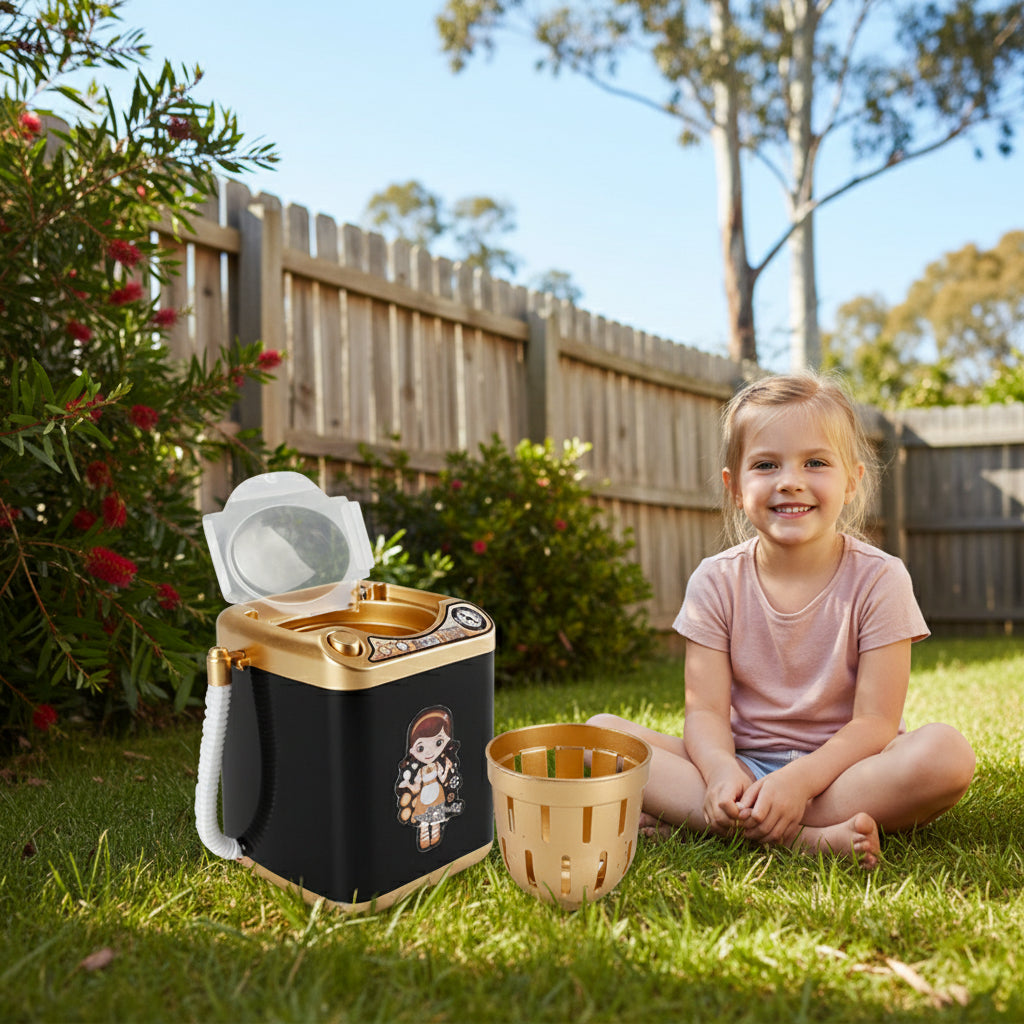 Kids Mini Electric Toy Washing Machine – Pretend Play Appliance with Spin Dryer Basket (Black)