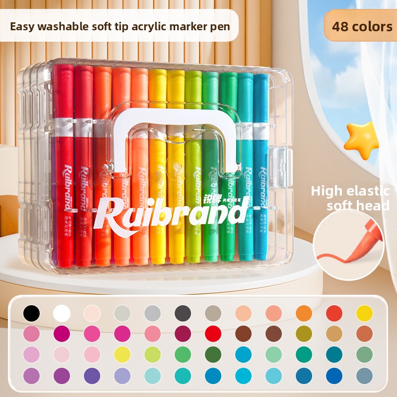 Ruibrand 48 Colors Kids Washable Acrylic Markers | Non-Toxic | Blendable Art Pens | Students and Artists