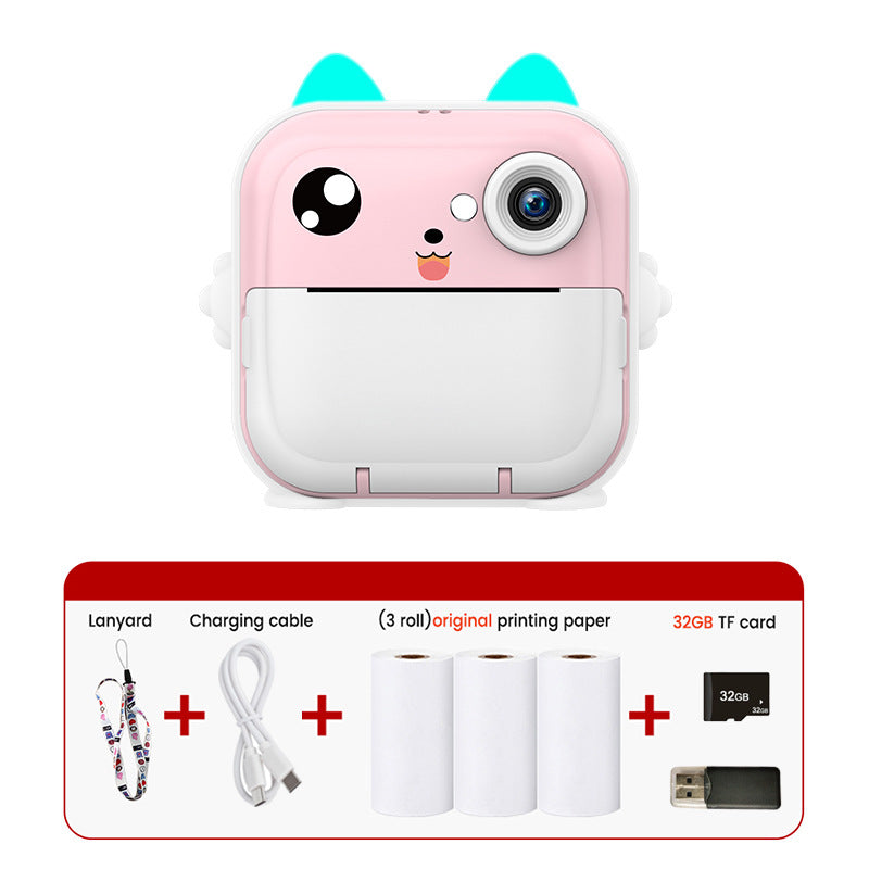 Pink and white cartoon-style camera with accessories on a white background