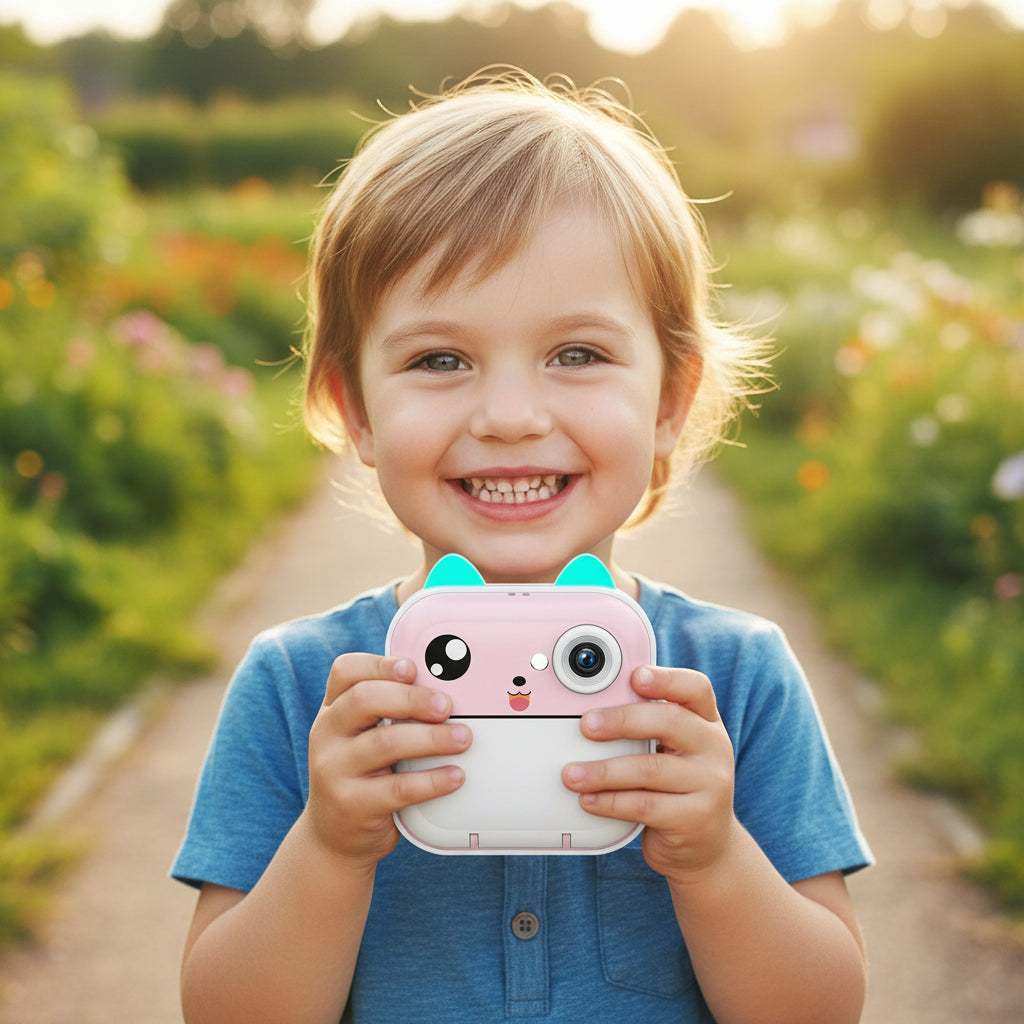 Pink and white cartoon-style camera with accessories on a white background