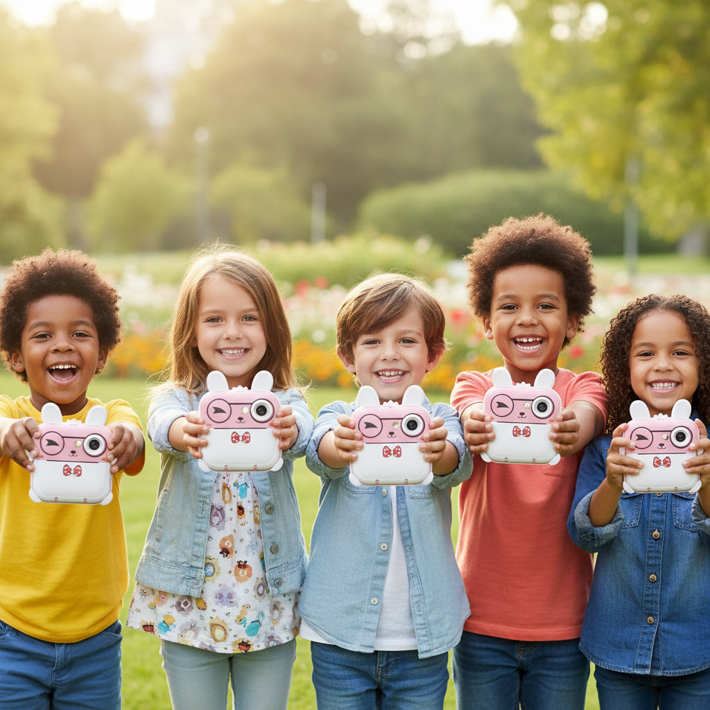 Pink and white instant camera with bunny ears and accessories on a white background