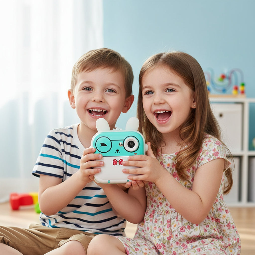 Cute camera with accessories on a white background