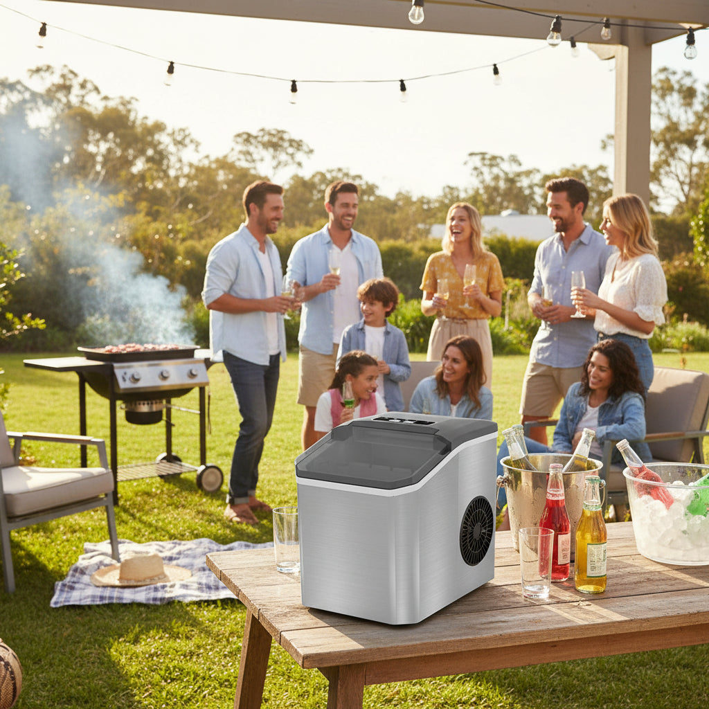 Portable ice maker with a gray top and white base on a white background