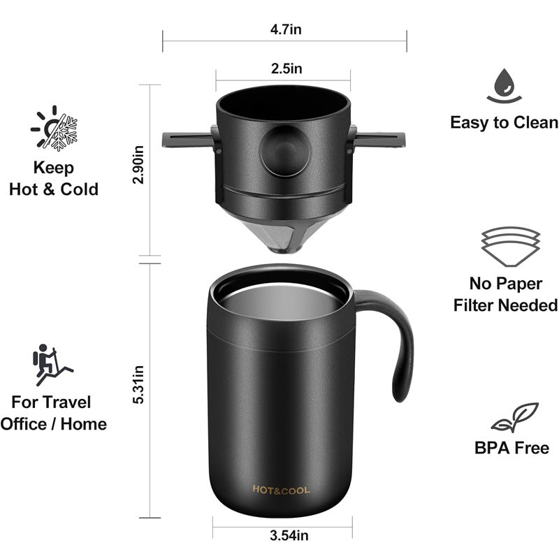 Black Portable Pour Over Coffee Maker Set – Insulated Stainless Steel Travel Mug with Reusable Filter &amp; Spoon (3‑Piece Kit)