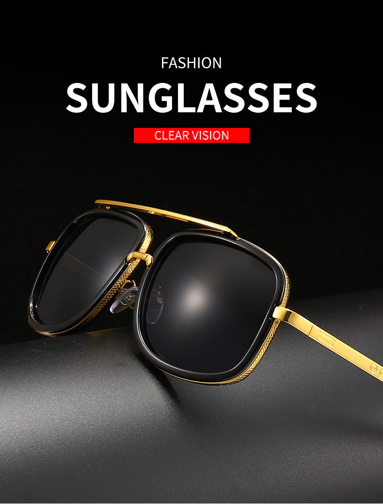 Men’s Retro Oversized Square Sunglasses – Vintage Thick Frame Gold Flat Top Aviator Style (UV400, Black)