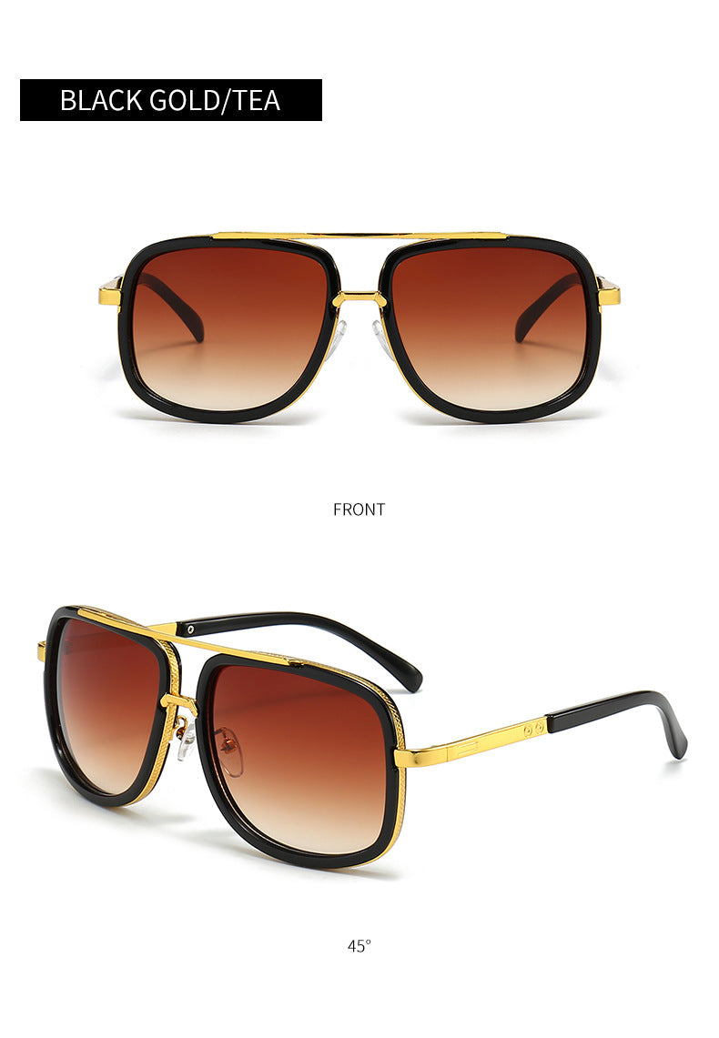 Men’s Retro Oversized Square Sunglasses – Vintage Thick Frame Gold Flat Top Aviator Shades (UV400 Tea Lens)