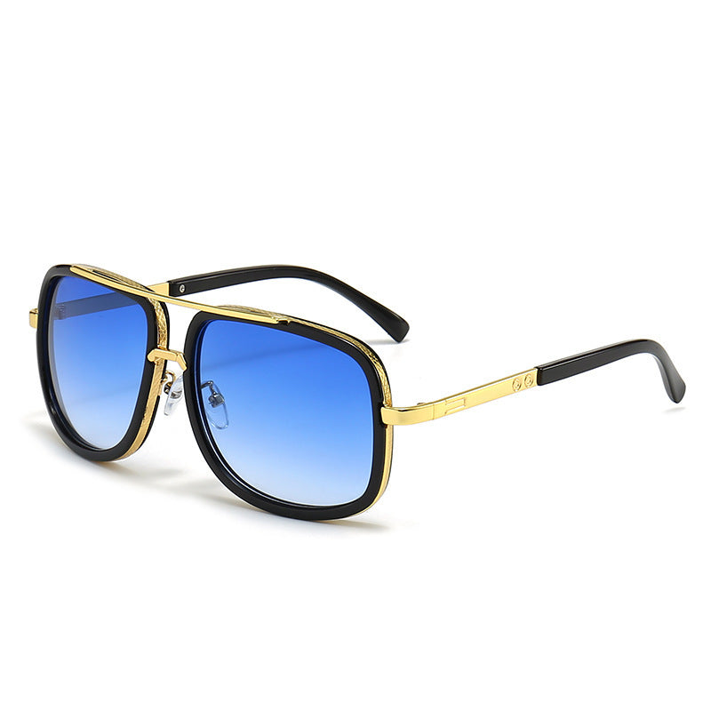 Men’s Retro Oversized Square Sunglasses – Thick Frame Gold Flat Top Aviator Shades (UV400 Blue Lens)