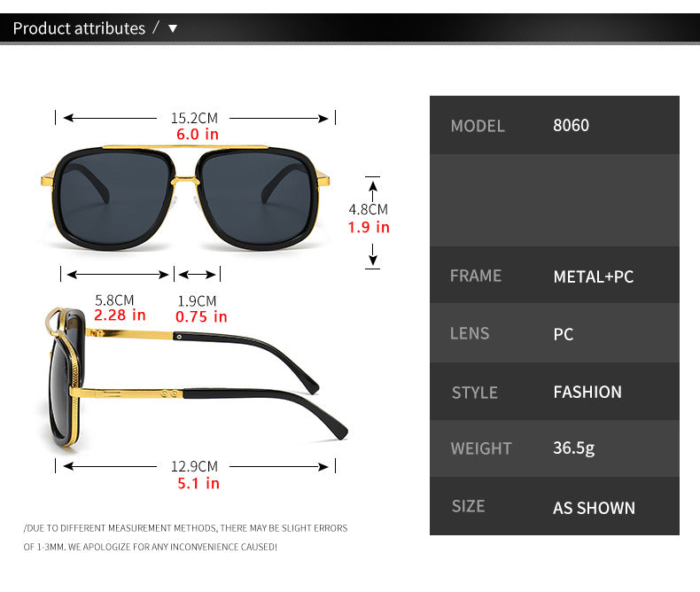 Men’s Retro Oversized Square Sunglasses – Thick Frame Gold Flat Top Aviator Shades (UV400 Blue Lens)