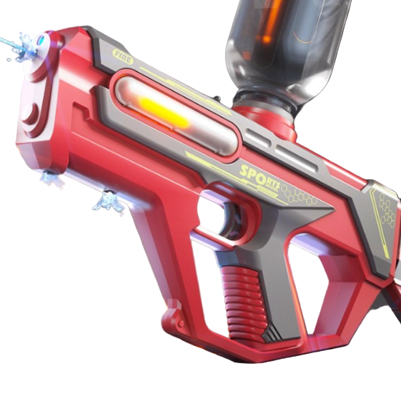 Red and gray toy blaster with glowing elements on a white background