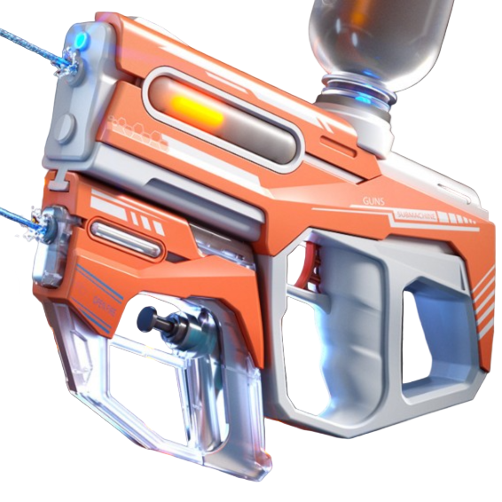 Orange and gray water gun with accessories on a dark background