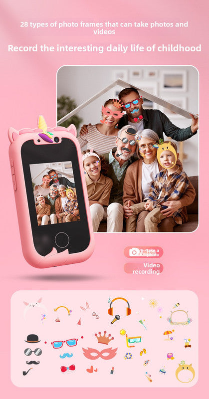 Kids Unicorn Smart Phone Toy with Dual Camera and IPS Touch Screen Educational Games MP3 Music Player 512MB Card Included Pink Silicone Case Ideal for Girls Gift
