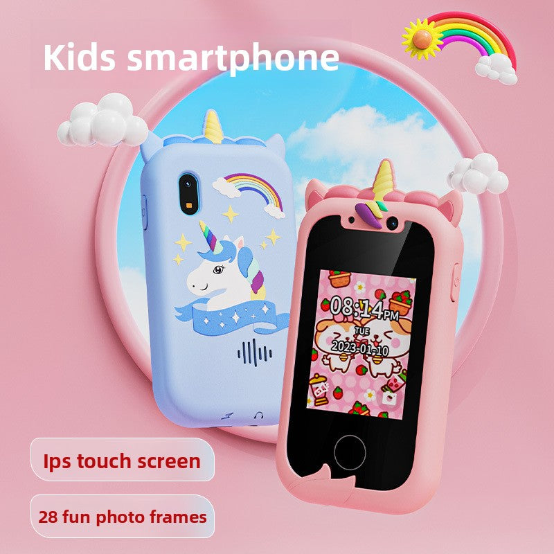 Kids Smart Phone Toy with Dual Camera and IPS Touch Screen Blue Dinosaur Silicone Case Educational Games MP3 Music Player 512MB Card Included Ideal Gift for Boys