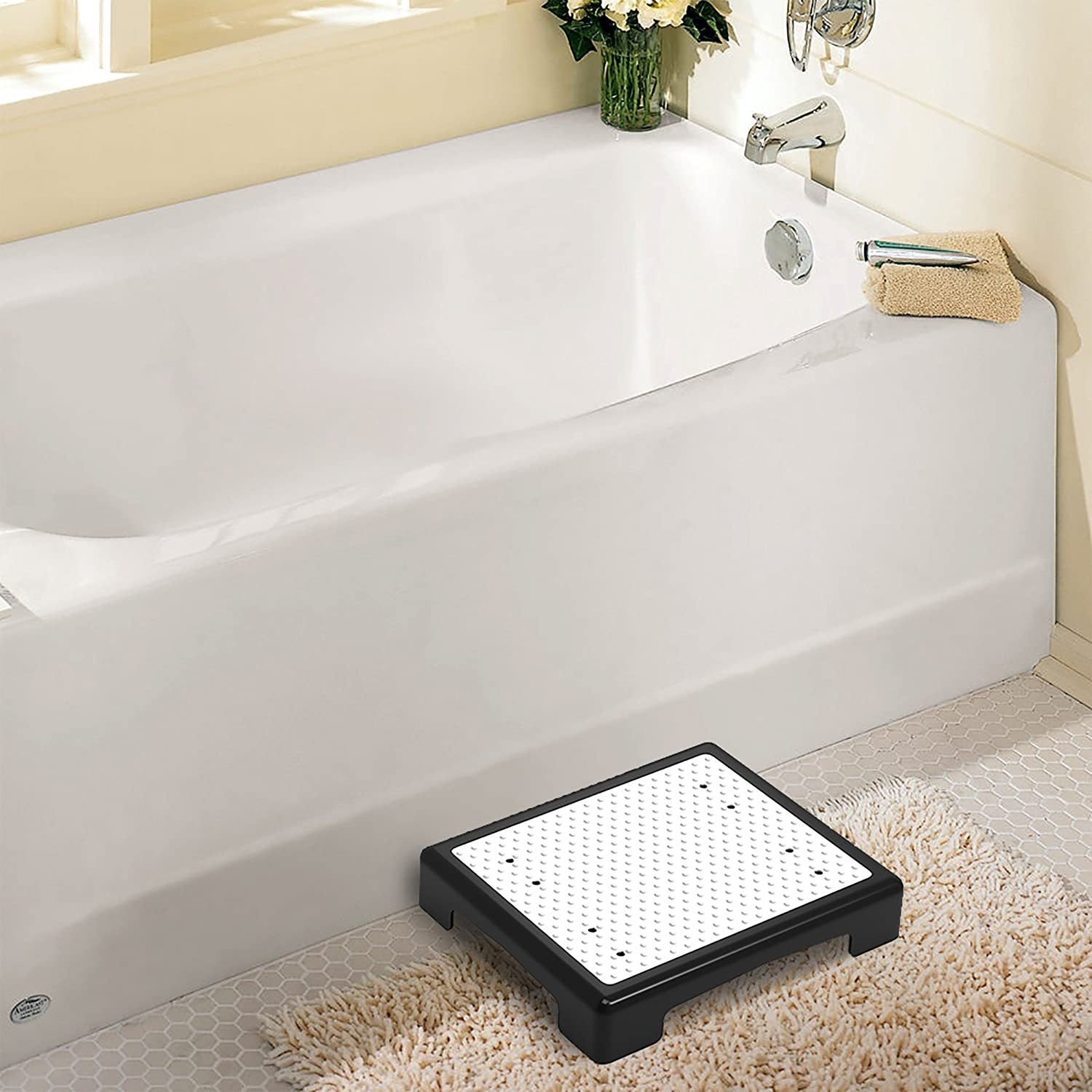 Portable Outdoor Half Step Stool Non-Slip Mobility Aid Compact Platform 43x33cm for Bath Home & Car Use White Base with Blue Top Mat