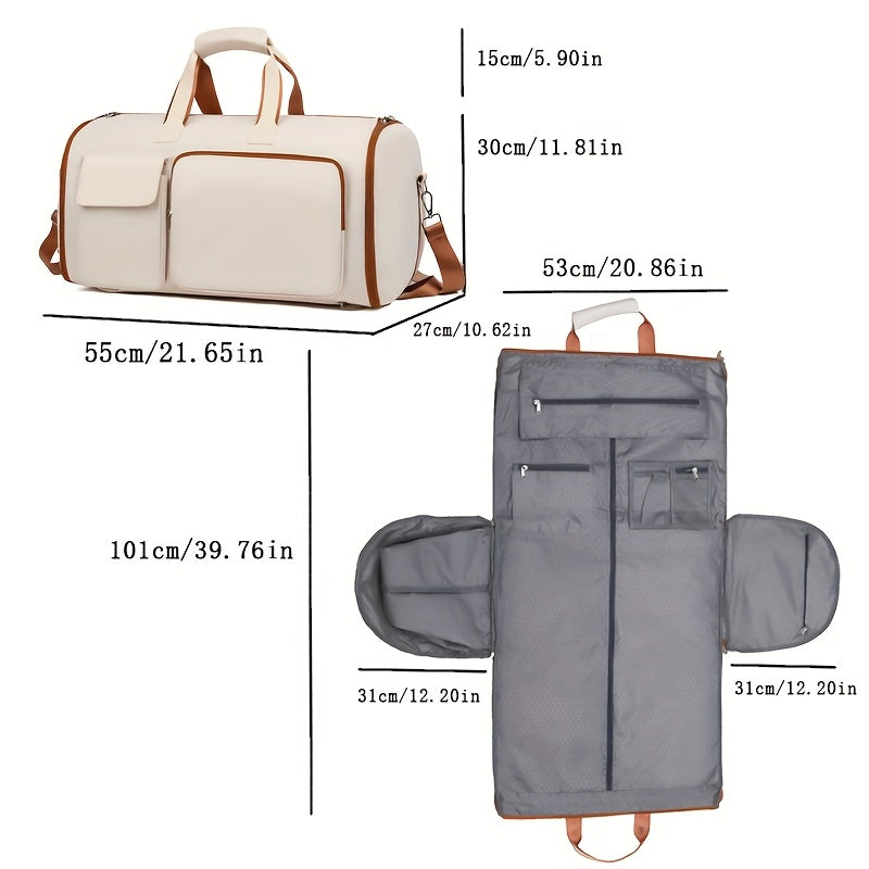 Convertible Travel Garment Bag Large Duffel Suit Carrier with Shoe Compartment & Hidden Backpack Straps Waterproof  Beige White