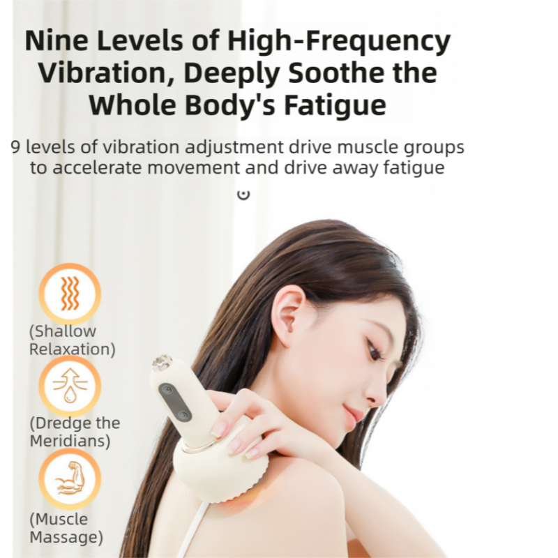 Woman using a handheld device on her shoulder with text about high-frequency vibration and muscle massage.