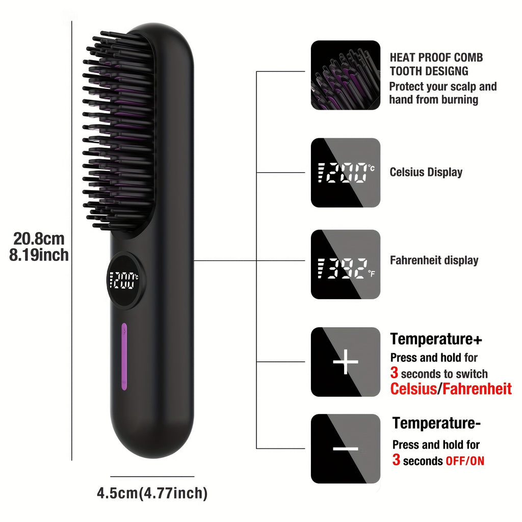Black Cordless Hair Straightener Brush – 2‑in‑1 Curling and Straightening Tool with LED Display