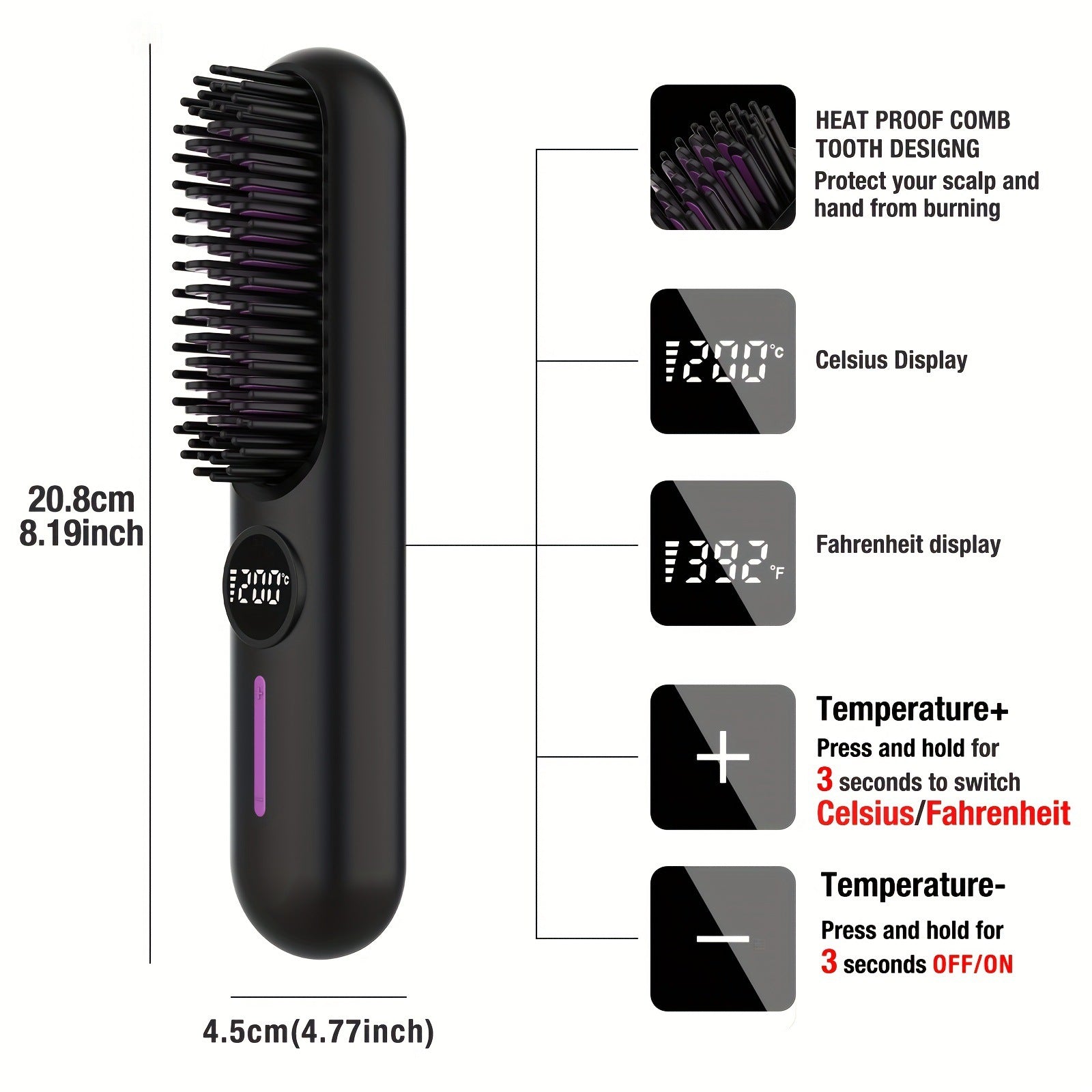 Black Cordless Hair Straightener Brush – 2‑in‑1 Curling and Straightening Tool with LED Display