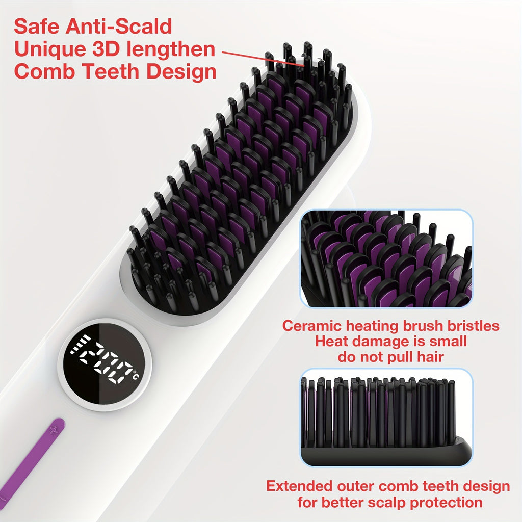 Black Cordless Hair Straightener Brush – 2‑in‑1 Curling and Straightening Tool with LED Display