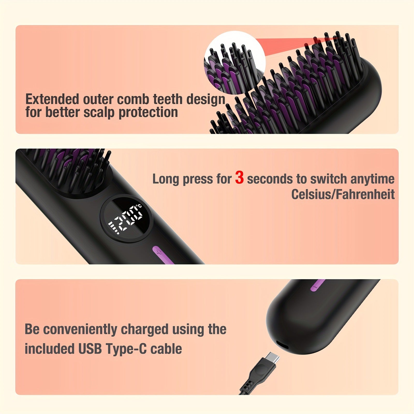 Black Cordless Hair Straightener Brush – 2‑in‑1 Curling and Straightening Tool with LED Display