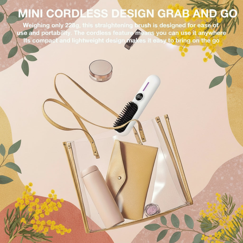 Mini cordless design hair straightening brush with accessories on a pink background